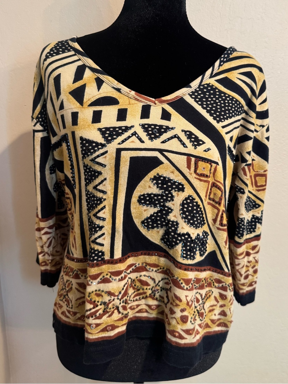 Geometric Pattern V-Neck Beaded Knit Top 3/4 Sleeves in Black, Gold & Brown